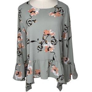 Gibson Casual Tunic Top Size S Relaxed Sage Green Peach Floral 3/4 Sleeves B02